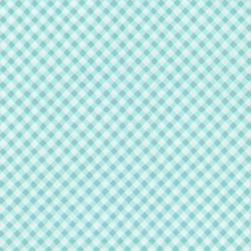 White fabric with a diagonal gingham pattern in bright aqua.