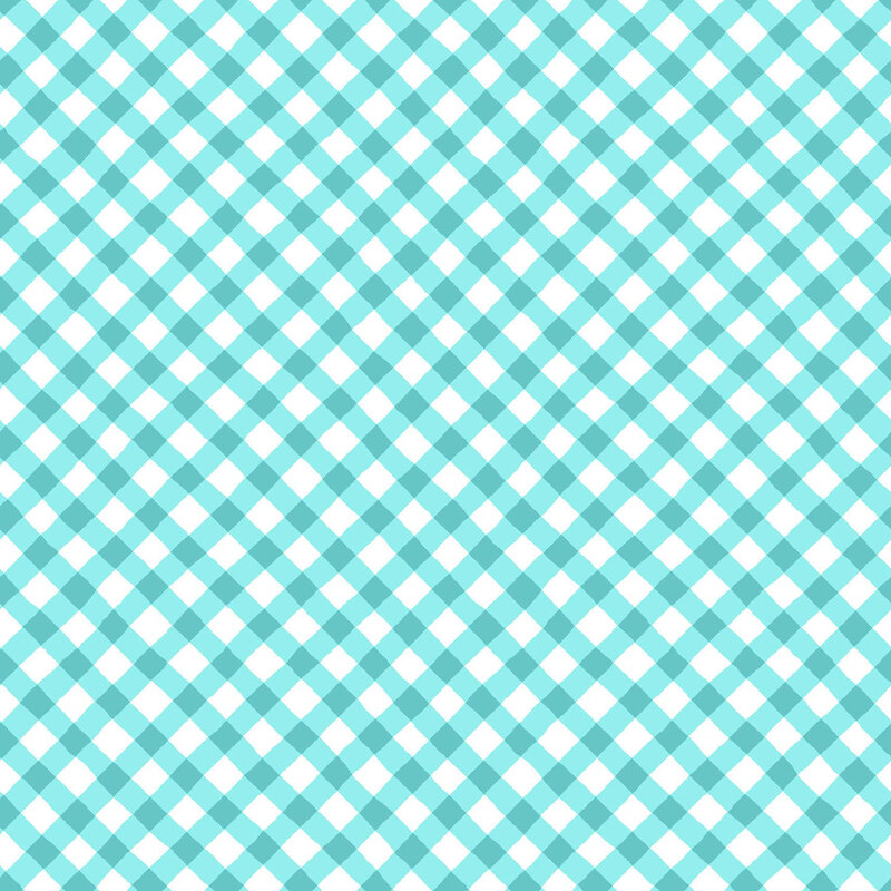 White fabric with a diagonal gingham pattern in bright aqua.