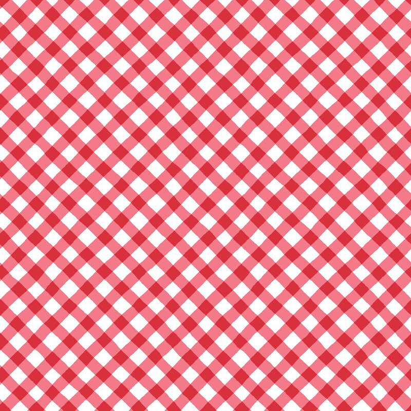 White fabric with a diagonal gingham pattern in bright red.