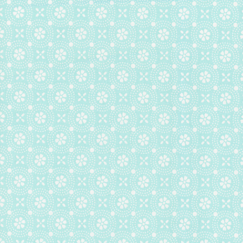 This bright aqua fabric with a geometric design of stylized white flowers.
