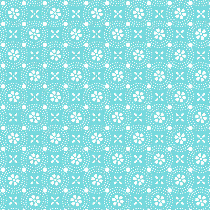 This bright aqua fabric with a geometric design of stylized white flowers.