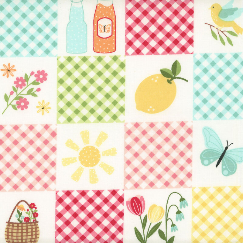 White cotton canvas fabric with a multicolored checker design filled with gingham patterns, fruit, suns, and glasses of lemonade.