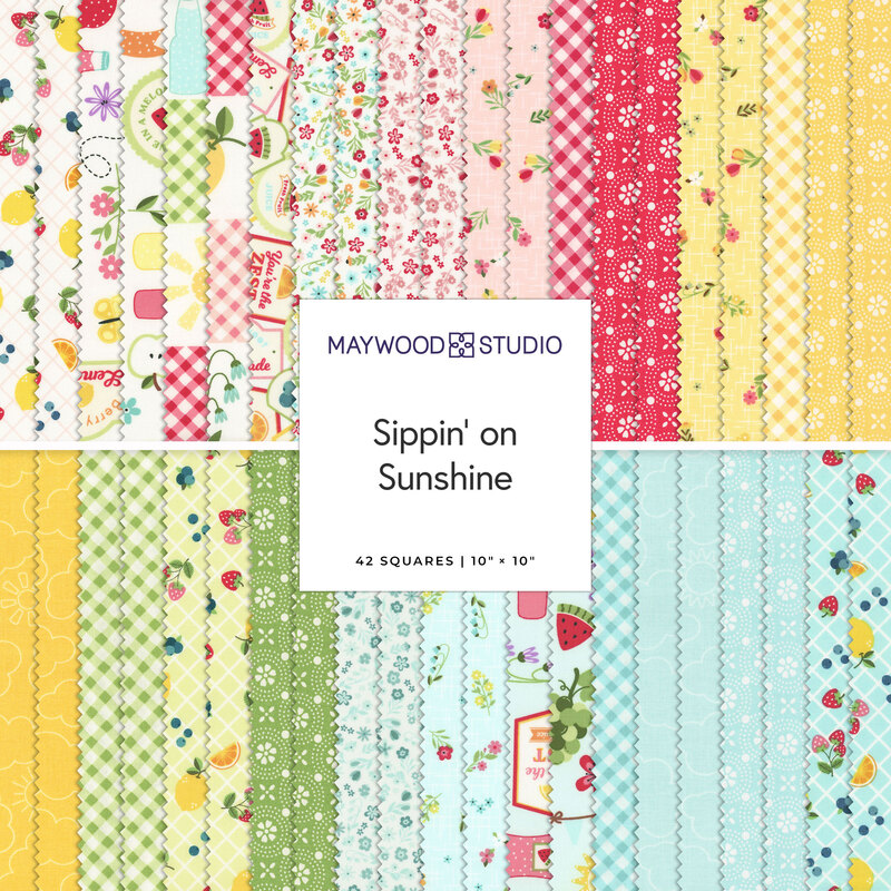Fabric collection titled Sippin' on Sunshine featuring colorful squares with fruits, patterns, and drinks.
