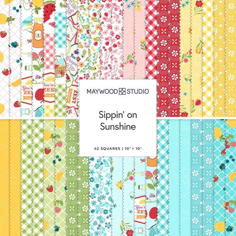 Fabric collection titled Sippin' on Sunshine featuring colorful squares with fruits, patterns, and drinks.