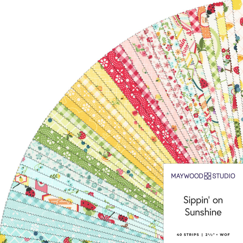 Colorful fabric strips arranged in a fan, featuring floral and fruit patterns with a title label.