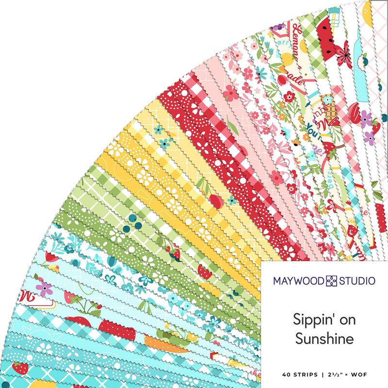 Colorful fabric strips arranged in a fan, featuring floral and fruit patterns with a title label.
