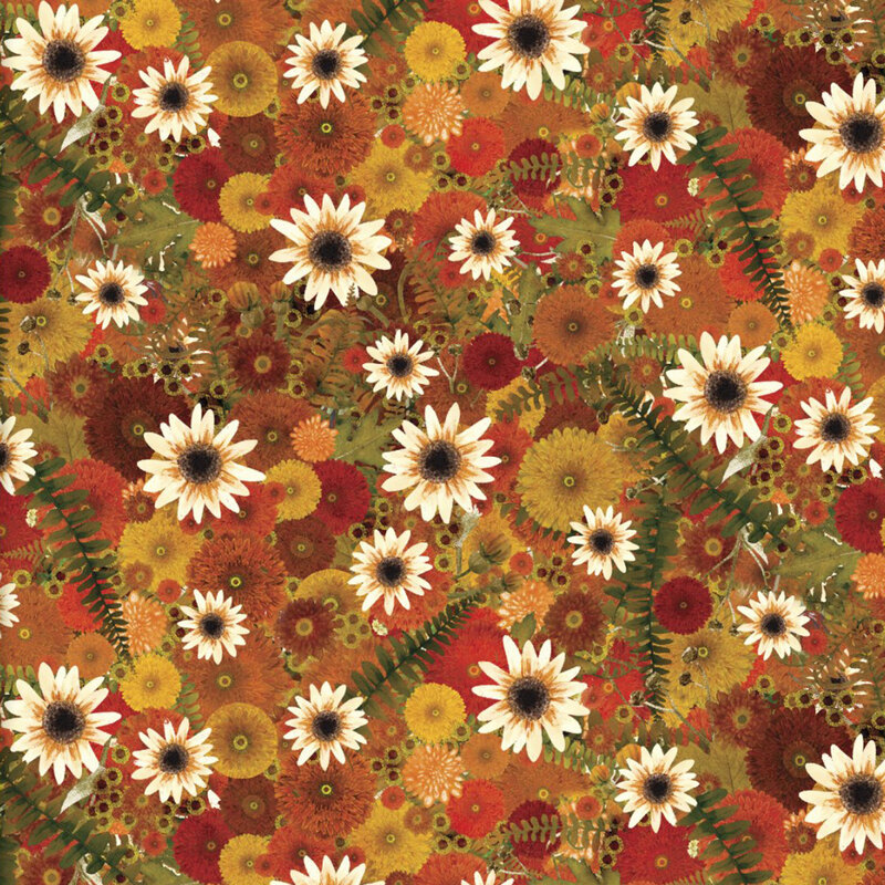 Fabric featuring fall flowers in cream, yellow, gold, orange, and red.