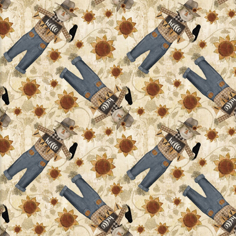 Mottled cream fabric featuring welcoming scarecrows and sunflowers on a background of tonal vines.