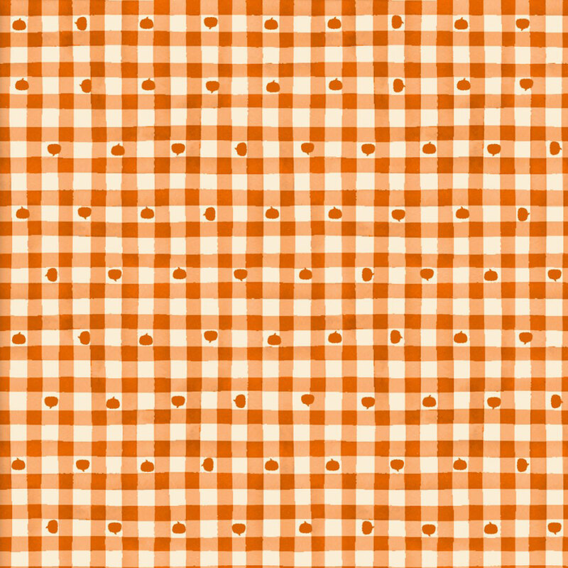 Orange gingham fabric with small orange pumpkins.