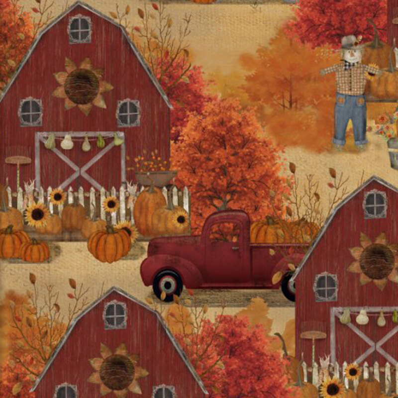 Sand tan fabric featuring an autumn harvest motif including a large red barn, wagons and trucks filled with pumpkins, and fall decorations.