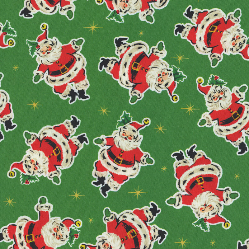 Green fabric featuring cheerful Santa Claus and gold stars.