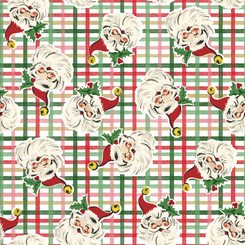Cheerful Santa Clause faces with holly tucked in his hat tossed on a grid of green, red, mint, and gold on white fabric.