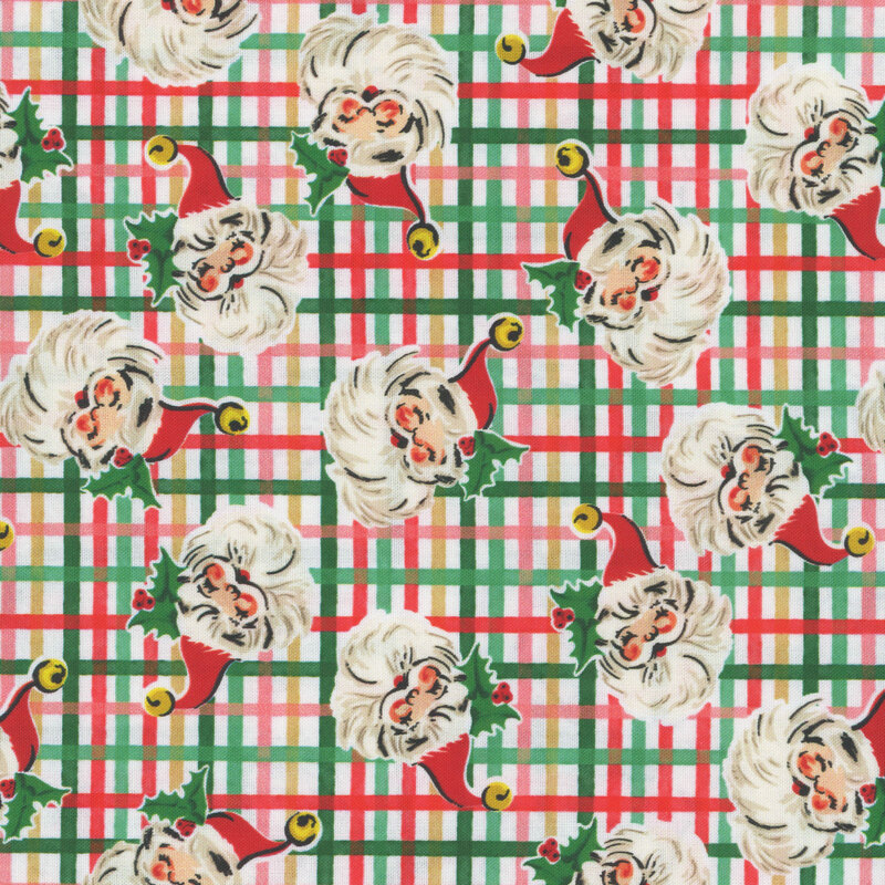 Cheerful Santa Clause faces with holly tucked in his hat tossed on a grid of green, red, mint, and gold on white fabric.