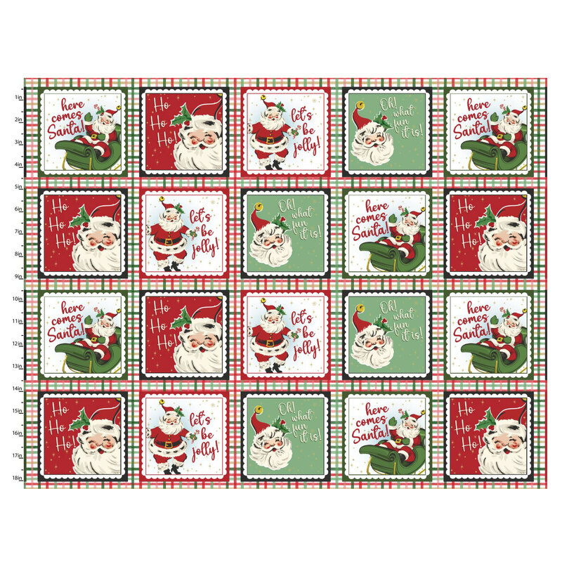 Fabric featuring cheerful Santa Claus stamps with holiday phrases on a white, green, and red grid background.