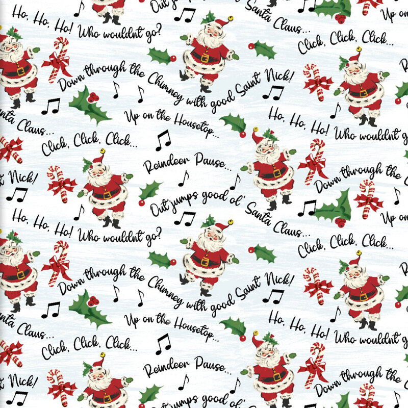 Mottled cloud white fabric featuring Santas dancing to the delightful tune of Good Saint Nick in stylized words.