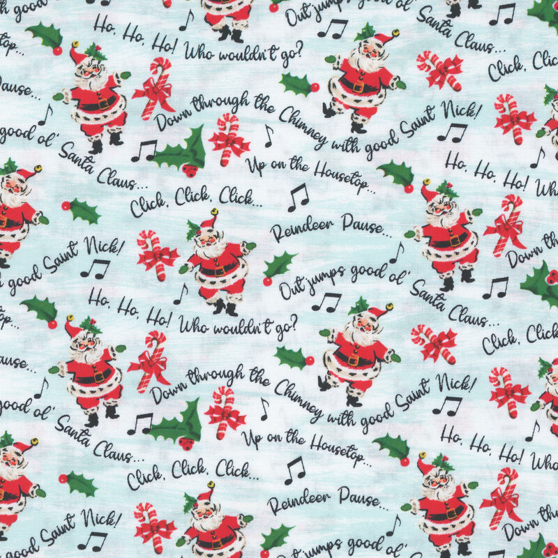 Mottled cloud white fabric featuring Santas dancing to the delightful tune of Good Saint Nick in stylized words.