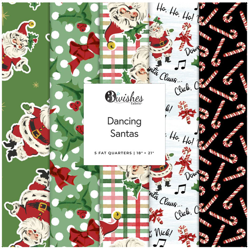 A collage of fabrics included in the Dancing Santas collection with green, white, and black fabrics with a Christmas theme.