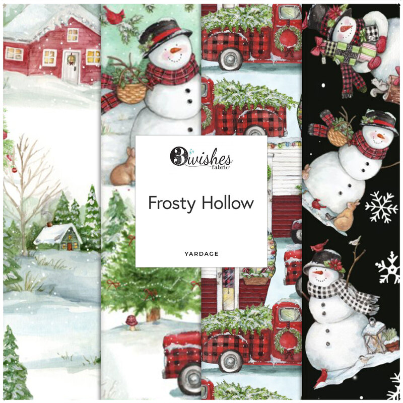 A collage of fabrics included in the Frosty Hollow collection featuring white and black fabrics with a vintage winter theme.