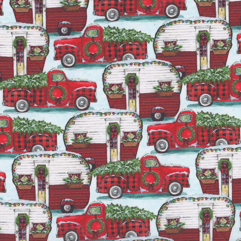 Vintage campers and red trucks decorated for the holidays on a mottled ice blue background.