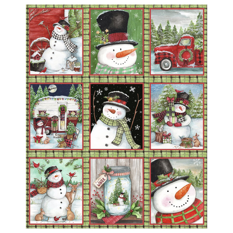 Panel fabric featuring a window pane of snowmen in festive winter scenes on a green and black gingham background.
