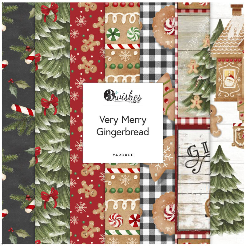 Collage of fabrics in the collection, in dark grey, green, red and white, with gingham and Christmasy gingerbread motifs