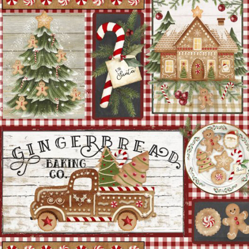 Various Christmas motifs, including gingerbread cookies, houses, and trucks, Christmas trees, candy canes and Santa mugs on a red gingham background