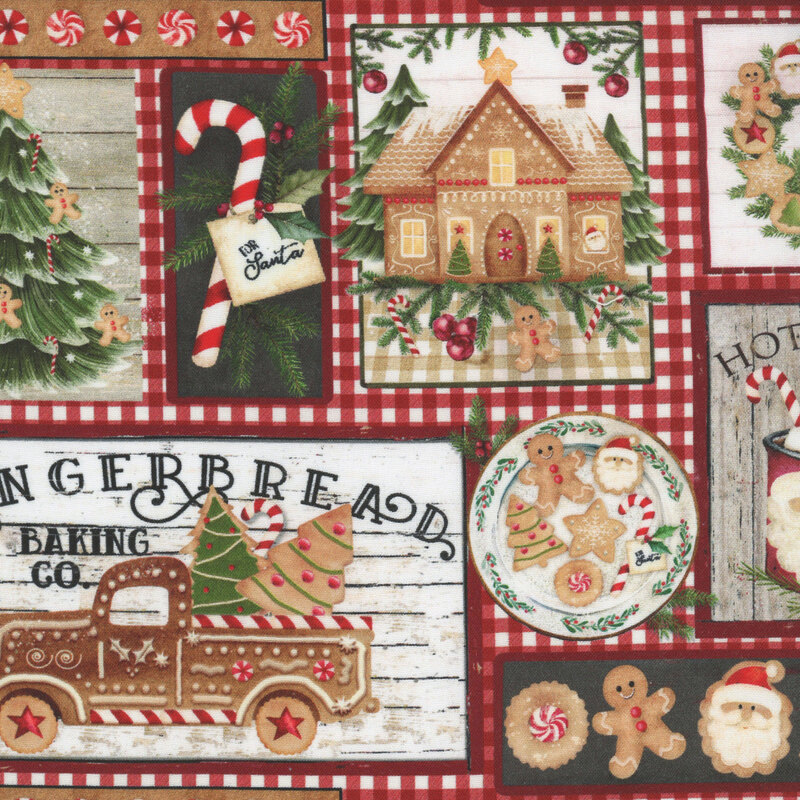 Various Christmas motifs, including gingerbread cookies, houses, and trucks, Christmas trees, candy canes and Santa mugs on a red gingham background