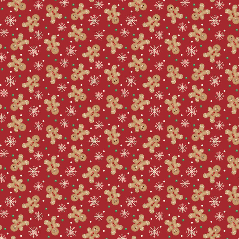 A Christmas red fabric with a ditsy pattern of gingerbread men interspersed between white snowflakes, and white and green dots
