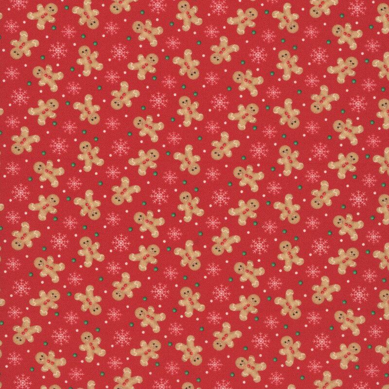A Christmas red fabric with a ditsy pattern of gingerbread men interspersed between white snowflakes, and white and green dots