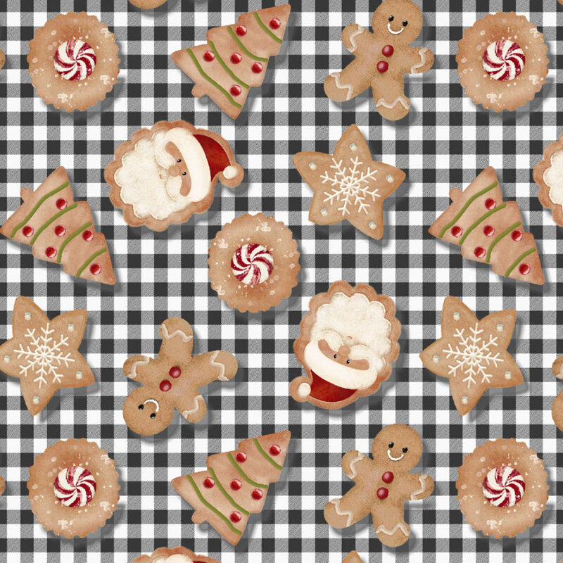 A black and white gingham background with scattered gingerbread cookies resembling Santa, gingerbread men, stars, trees, and circles.