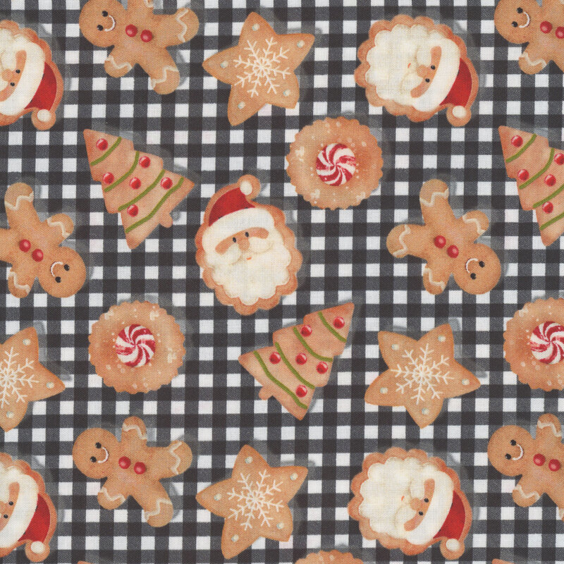 A black and white gingham background with scattered gingerbread cookies resembling Santa, gingerbread men, stars, trees, and circles.