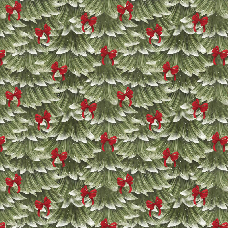A solid pattern of snowy evergreen trees adorned with bright red bows