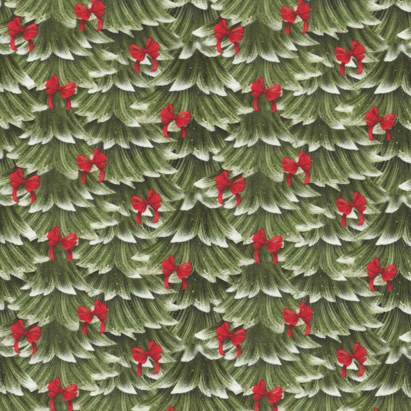 A solid pattern of snowy evergreen trees adorned with bright red bows