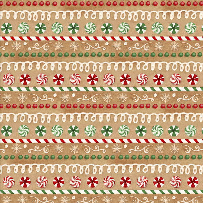 A mottled gingerbread-cookie-like background with stripes made out of peppermint candies, red and green gumdrops, white icing and green and red candy canes