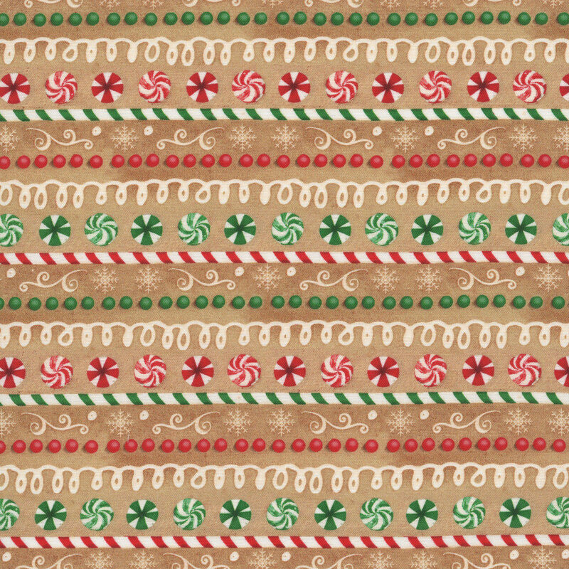 A mottled gingerbread-cookie-like background with stripes made out of peppermint candies, red and green gumdrops, white icing and green and red candy canes