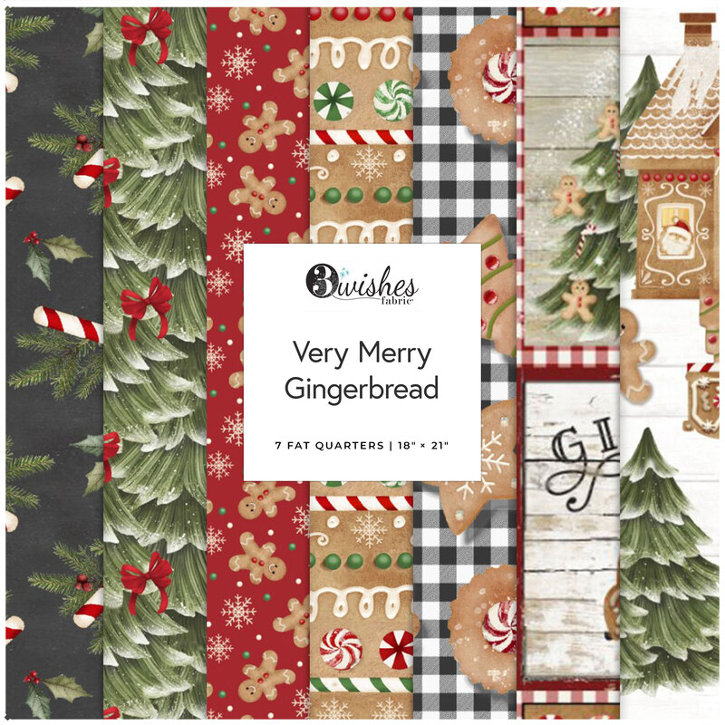 Collage of fabrics in the collection, in dark grey, green, red and white, with gingham and Christmasy gingerbread motifs