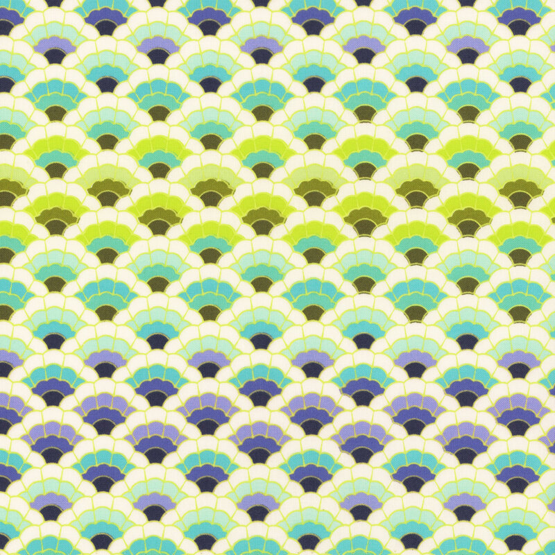 An 8" x 8" swatch of the green, aqua, and ultramarine scallop design. 