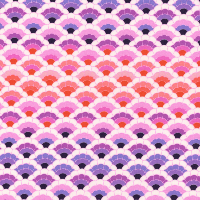 An 8 x 8 swatch of the pink, coral, and violet scallop design. 