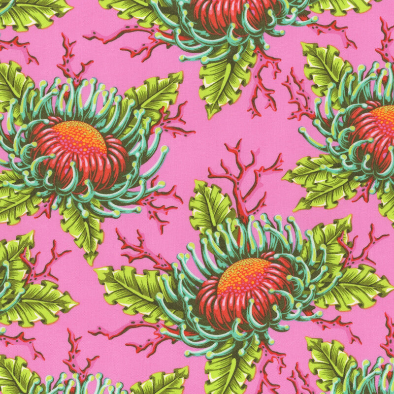 Bubblegum pink fabric with multicolor anemone with green leaves and coral