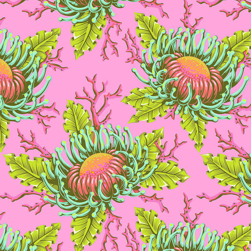 Bubblegum pink fabric with multicolor anemone with green leaves and coral