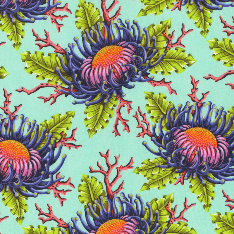 Aquamarine fabric with multicolor anemone with green leaves and coral