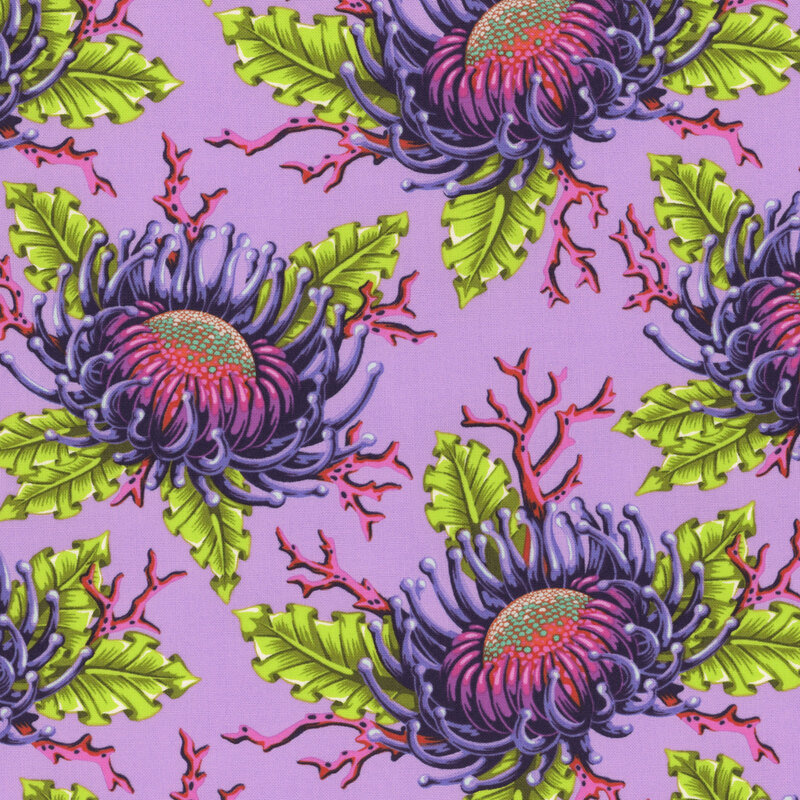 Amethyst purple fabric with multicolor anemone with green leaves and coral