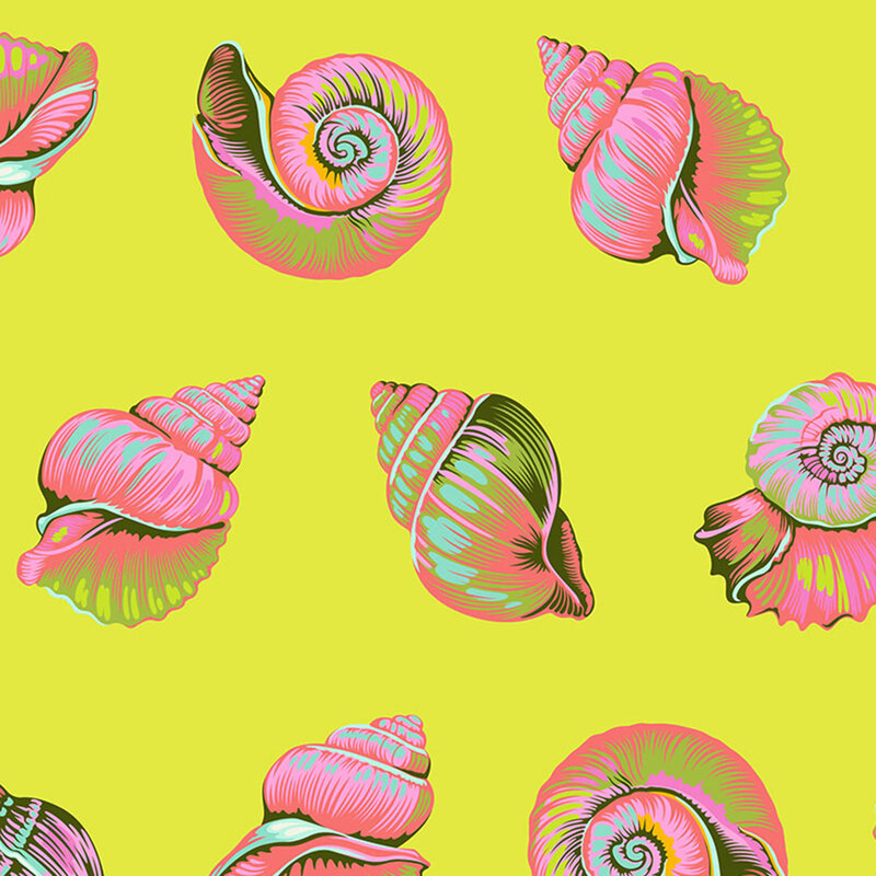 Multicolored nautilus and conch shells on a neon yellow background