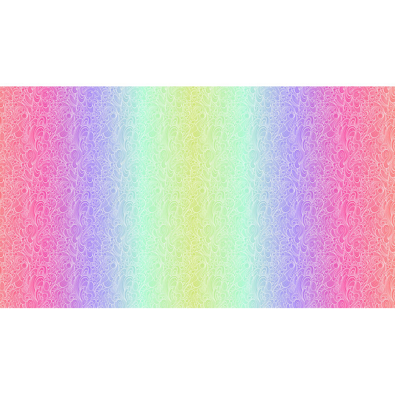 Image showing a full repeat on the fabric, with an ombre gradient that ranges from pink to purple, aqua, and lime green