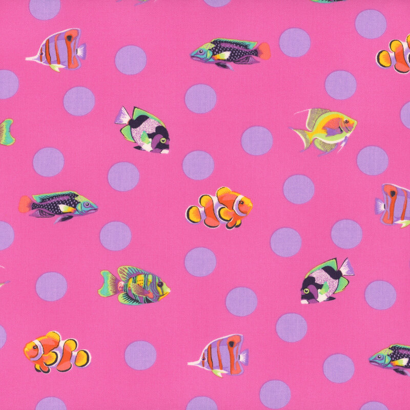 randomly spaced light purple polka dots and multicolored tropical fish on a flamingo pink background 
