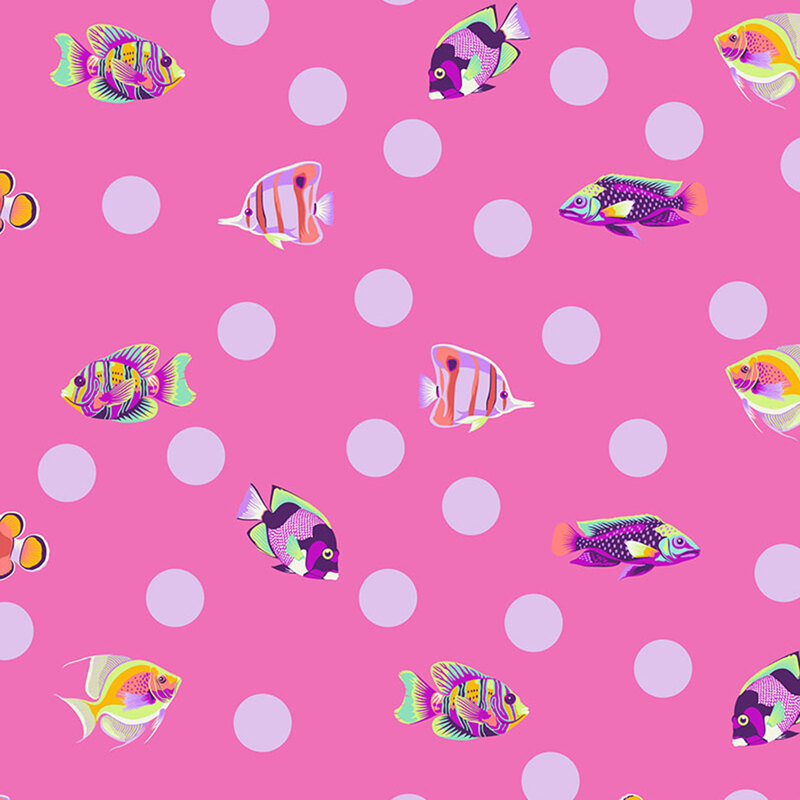 randomly spaced light purple polka dots and multicolored tropical fish on a flamingo pink background 