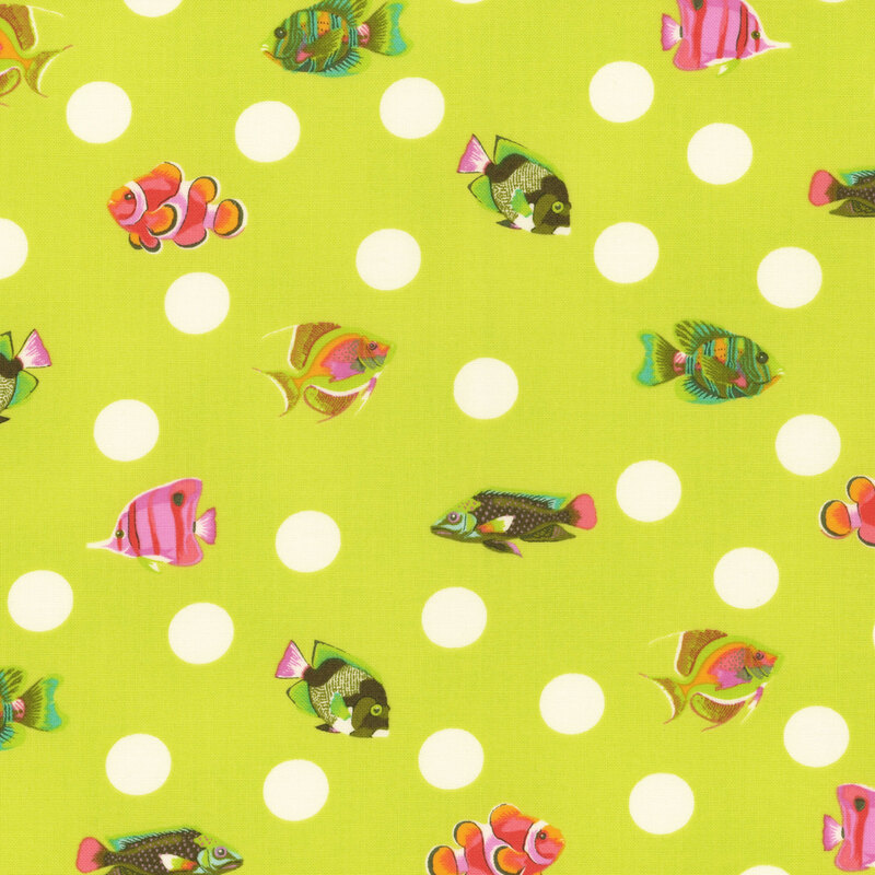 randomly spaced white polka dots and multicolored tropical fish on a neon yellow background 