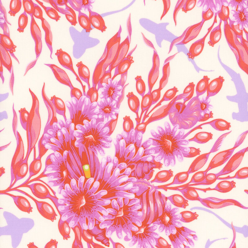 white fabric with a pink damask pattern made from ocean life, and purple hammerhead sharks 