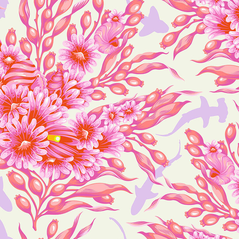 white fabric with a pink damask pattern made from ocean life, and purple hammerhead sharks 