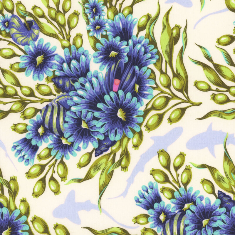 white fabric with a blue and green damask pattern made from ocean life, and pastel blue hammerhead sharks 